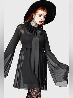 Killstar Dress Babydoll Mesh Bell Sleeve Ruffle Collar Goth Witchy Medium M